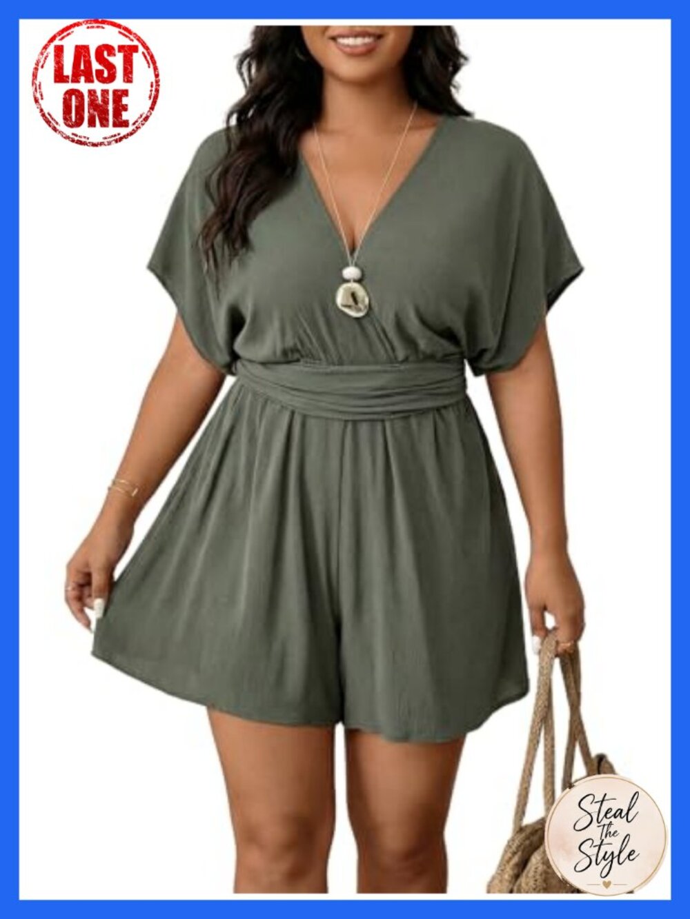 Plus Size Wrap Romper Deep V Neck Wide Leg Short Jumpsuit - Lightweight Boho